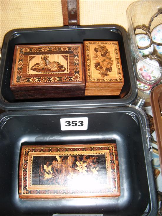 Three Tunbridge Ware small mosaic boxes - dog, cross and flowers and floral bouquet